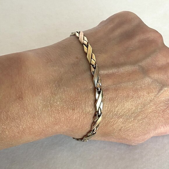 VTG Sterling Silver 925 Turkish 1/10 10K Gold Tri Tone X Link Bracelet 7.5" - Picture 1 of 16